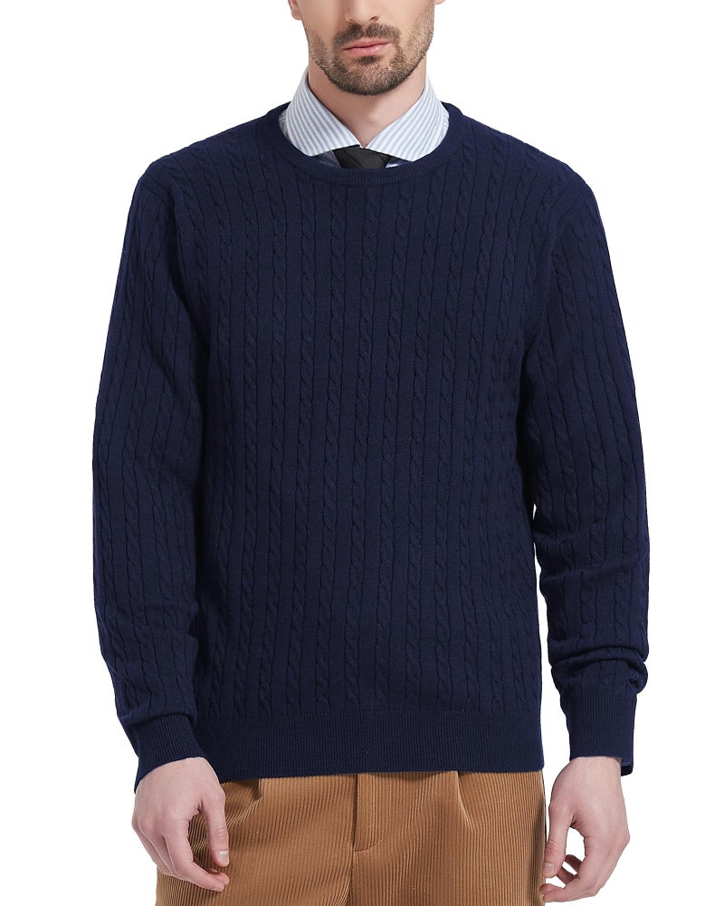 Kallspin Men's Cable Knit Crewneck Sweater Pullovers Wool Blend Relax Fit Knitwear (Navy Blue, Large) - Image 1